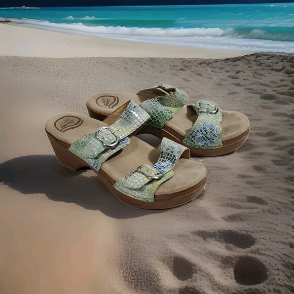 Dansko Sophie Irlidescent Reptile Print Slip On Mules Sandals 37/US 6.5 Beachy - Picture 2 of 13